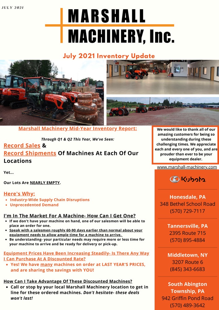 Marshall Machinery Kubota Dealer in Honesdale, PA & Swiftwater, PA